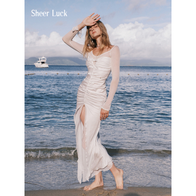 SheerLuck高开叉长袖连衣裙
