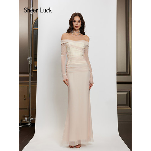 【舒畅同款】Sheer Luck Aurora 一字肩网纱氛围设计弹力鱼骨长裙