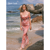 Ariel一字肩褶皱晕染修身 Luck Sheer 包臀连衣裙 蓝盈莹同款