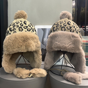 韩版 骑车保暖防风防寒毛绒雷锋帽子潮 复古豹纹毛茸茸毛线帽女冬季