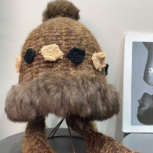 复古川西毛绒兔毛针织帽女秋冬保暖防寒显脸小大头围毛线套头帽子