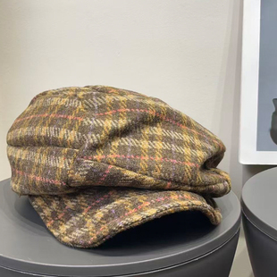 复古英伦格纹含羊毛褶皱贝雷帽女秋冬保暖百搭显脸小文艺八角帽子