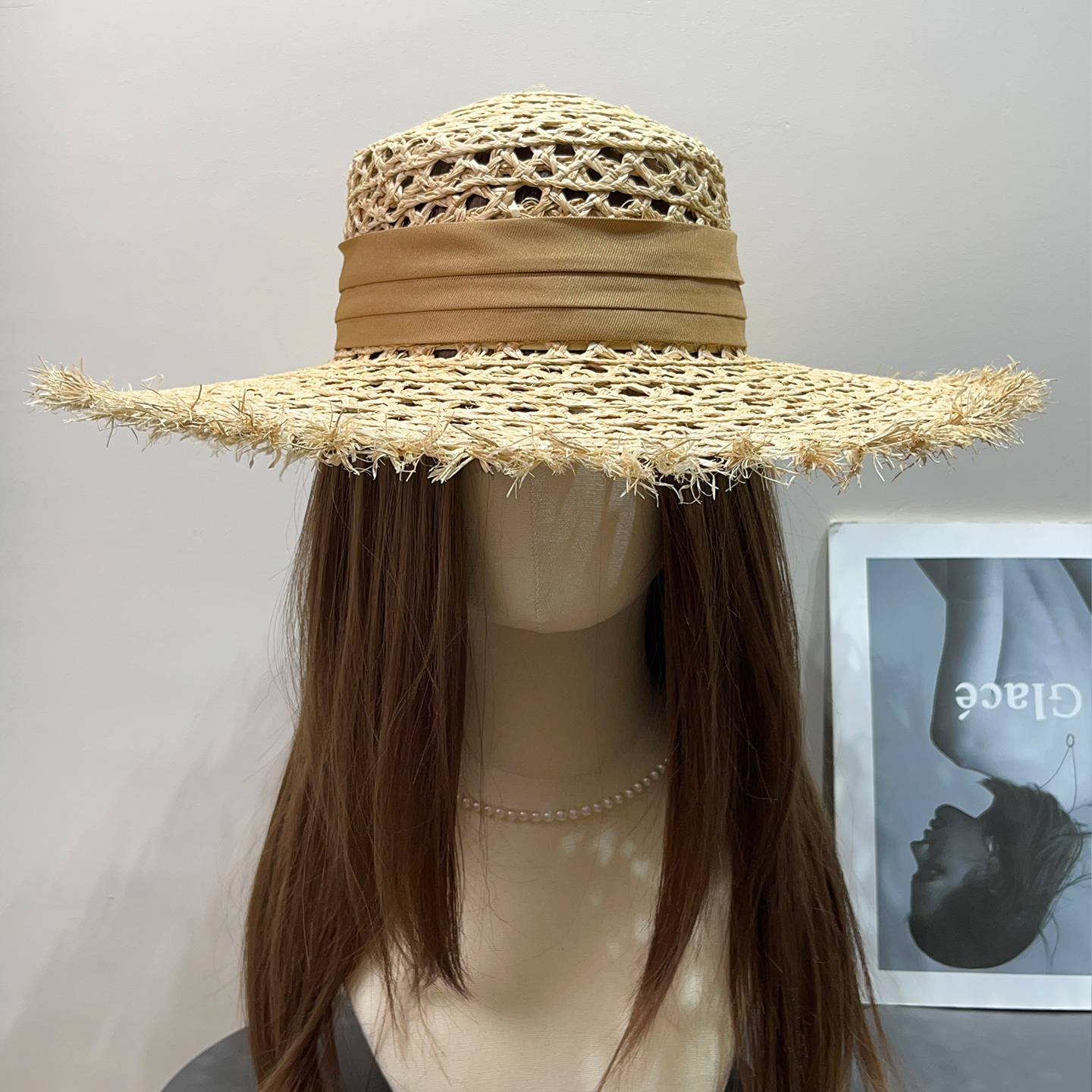 法式复古镂空大平檐拉菲草平顶帽女春夏海边度假沙滩防晒遮阳帽子