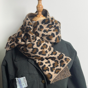 韩系复古高级感豹纹羊毛针织围巾女秋冬保暖护脸氛围感时髦围脖潮