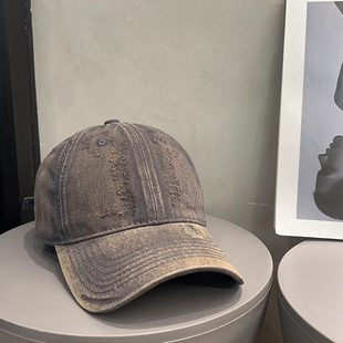 复古美式 做旧磨毛鸭舌帽女百搭休闲大头围棒球帽情侣显脸小帽子男