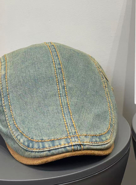 日系复古水洗牛仔麂皮绒拼接前进帽女秋冬百搭显脸小反戴贝雷帽子