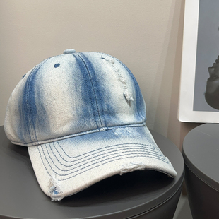 大头围复古做旧破洞水洗牛仔棒球帽子男女春夏百搭个性 遮阳鸭舌帽