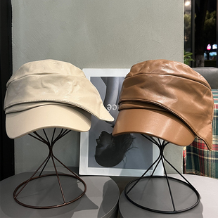 韩版 小众PU皮质鸭舌帽女复古气质马术帽子宽檐显脸小休闲骑士帽潮