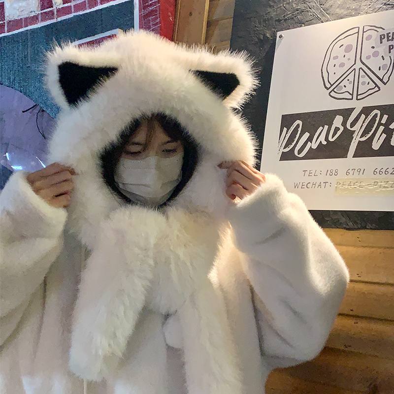 高品质加厚防寒毛绒狐狸耳朵雷锋帽子女冬季围巾一体保暖护耳帽潮