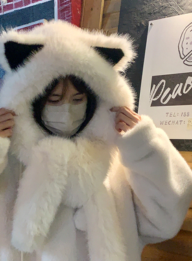 高品质加厚防寒毛绒狐狸耳朵雷锋帽子女冬季围巾一体保暖护耳帽潮