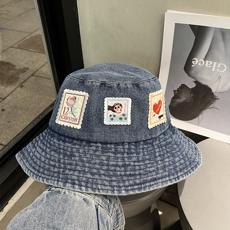 贴布牛仔渔夫帽日系大檐遮阳帽子