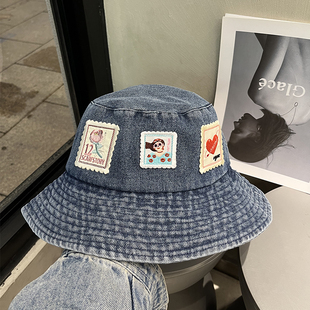 日系小众贴布牛仔渔夫帽子女大帽檐显脸小春夏新款 百搭盆帽防晒潮