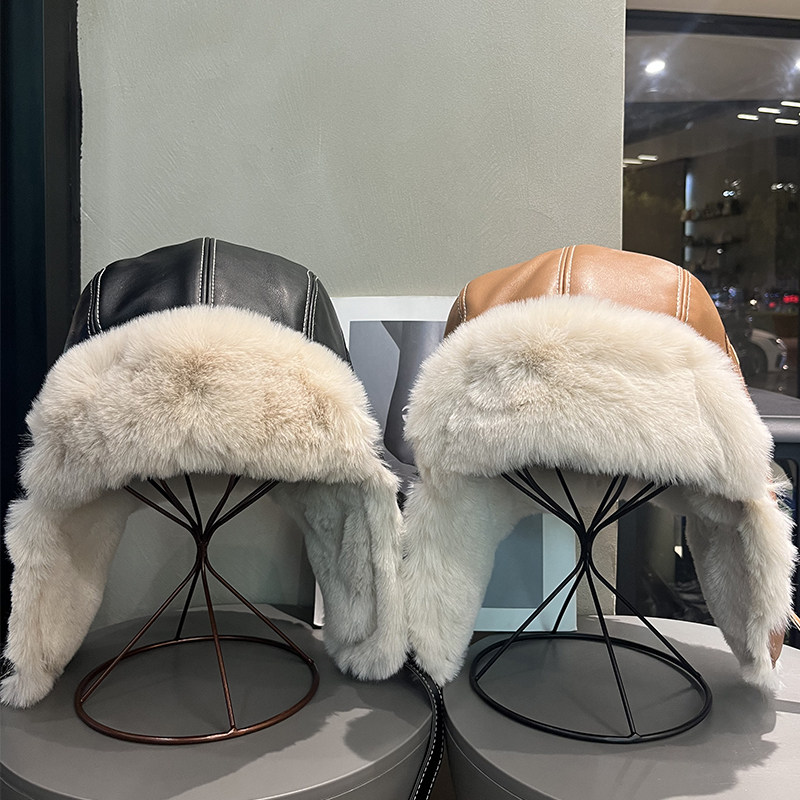 东北户外骑车保暖毛绒雷锋帽女冬款加厚皮质护耳防风帽子大头围男