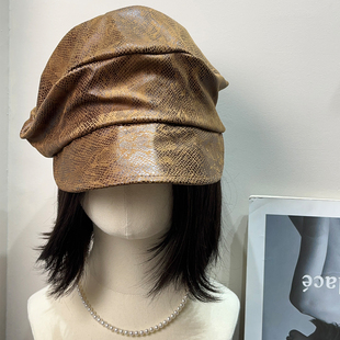 复古钢丝麂皮豹纹云朵贝雷帽女秋冬百搭琥珀流光风显脸小报童帽子