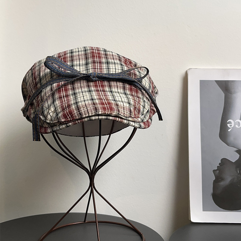 休闲贝雷帽前进女生格纹可爱春夏