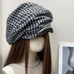 日系复古格子钢丝褶皱贝雷帽女夏遮阳透气春秋百搭显脸小画家帽子