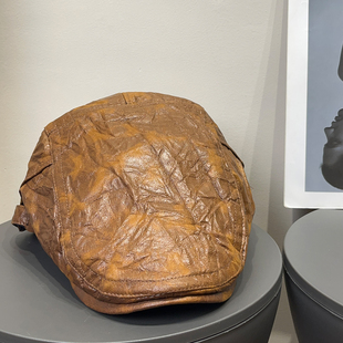 大头围复古做旧褶皱皮质反戴前进帽女秋冬文艺百搭显脸小贝雷帽子