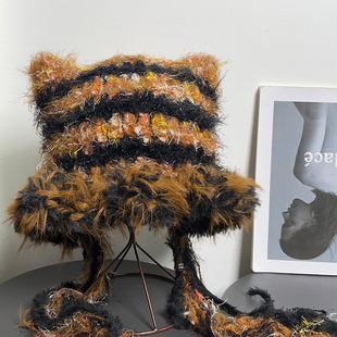 涩谷辣妹y2k毛绒豹纹针织帽女千禧秋冬保暖护耳显脸小毛线帽子潮