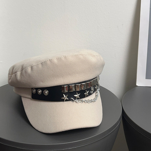 涩谷辣妹皮带星星海军贝雷帽女新款 显脸小八角帽英伦复古平顶帽子