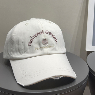 大头围美式 复古破洞棒球帽子女春夏遮阳刺绣宽檐显脸小防晒鸭舌帽