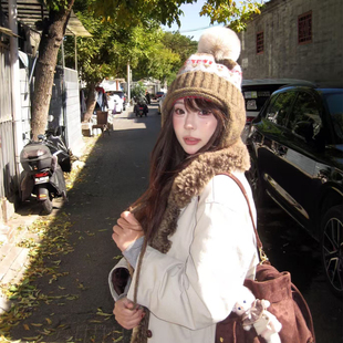 复古费尔岛提花毛球针织毛线帽女秋冬百搭防风保暖氛围感护耳帽子