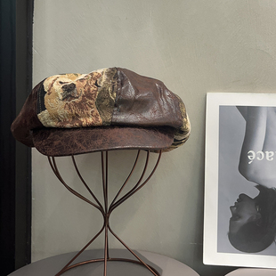 可爱小狗刺绣PU皮贝雷帽女秋冬美拉德大头围复古画家帽子潮显脸小