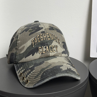 大头围重工复古迷彩棒球帽女街头辣妹废土铁环显脸小鸭舌帽子男潮