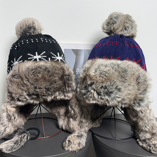 复古毛线雪花提花毛绒雷锋帽女秋冬保暖加厚防寒护脸护耳骑行帽子