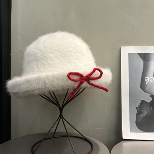 白色气质优雅蝴蝶结兔毛渔夫帽女秋冬百搭甜美可爱显脸小水桶帽潮