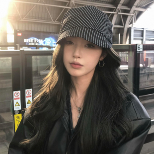 日系复古条纹褶皱报童帽女秋季 文艺出游逛街百搭显脸小画家帽子潮
