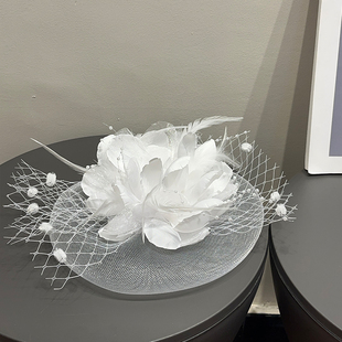 财阀千金珍珠网纱发夹礼帽女春夏出游拍照道具新娘气质优雅头饰潮