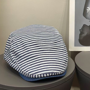 小众日系复古海军风条纹拼接鸭舌前进帽女百搭显脸小文艺画家帽子