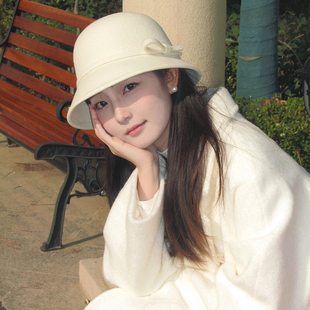 留洋白月光米色羊毛呢渔夫帽女秋冬羊毡帽子气质千金赫本风水桶帽