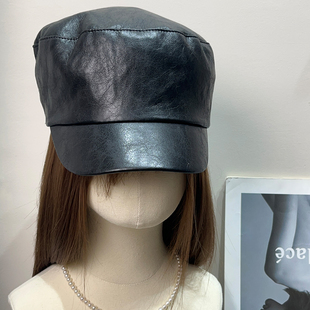 复古英伦风PU皮质鸭舌平顶帽女秋冬百搭休闲高级感显脸小贝雷帽子