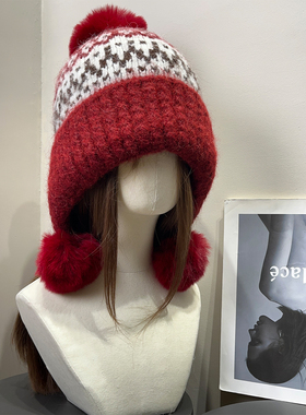 新年红色复古雪乡费尔岛风提花护耳帽女冬季加绒保暖包头毛球帽子
