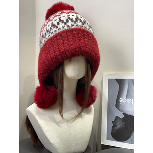 新年红色复古雪乡费尔岛风提花护耳帽女冬季 加绒保暖包头毛球帽子