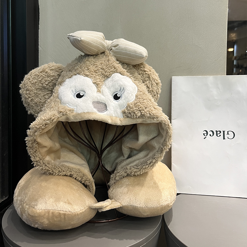 平替雪莉玫U型枕毛绒头套女卡通连帽护颈办公室午睡枕旅行飞机枕