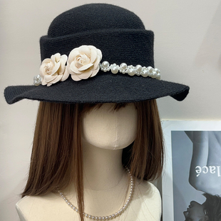 法式 复古花朵珍珠棉线编织礼帽女秋冬气质赫本风显脸小渔夫帽子潮
