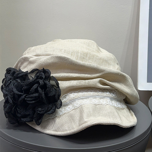 日系复古钢丝褶皱贝雷帽女春夏季 小众设计蕾丝花朵显脸小画家帽子