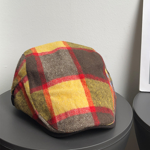 日系英伦复古鸭舌前进帽女毛呢秋冬彩色格纹贝雷帽显脸小报童帽子
