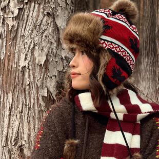 川西复古枫叶针织雷锋帽女冬季 保暖毛绒护耳防寒东北滑雪帽子男潮