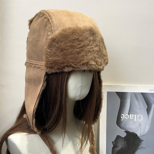复古麂皮毛绒雷锋帽女秋冬保暖防风护耳帽皮毛一体显脸小防寒帽子
