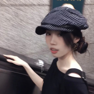 大头围日系复古条纹褶皱贝雷帽女春夏遮阳透气显脸小文艺画家帽子