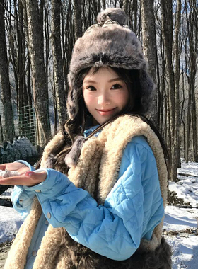 新疆禾木复古毛绒毛线雷锋帽女秋冬东北雪乡保暖防风护耳针织帽子