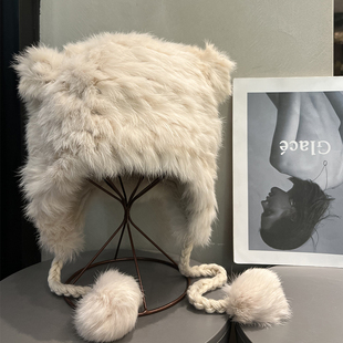 冬款 可爱小熊耳朵兔毛毛绒雷锋帽女保暖骑车防风护耳毛线针织帽子