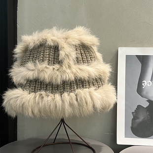 新款 秋冬兔毛醒狮帽子女保暖川西情侣毛茸茸针织帽护耳毛线渔夫帽