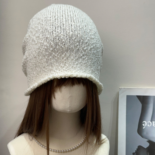 韩系早秋复古针织毛线帽女休闲百搭显脸小包头帽大头围卷边冷帽子