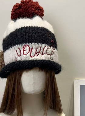 日系复古条纹毛球针织帽女秋冬保暖百搭显脸小大头围毛线冷帽子潮