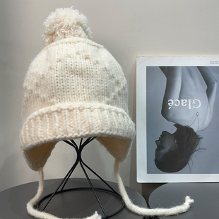 刘一一同款 日系复古毛线针织护耳帽女秋冬保暖百搭防风毛球帽子潮