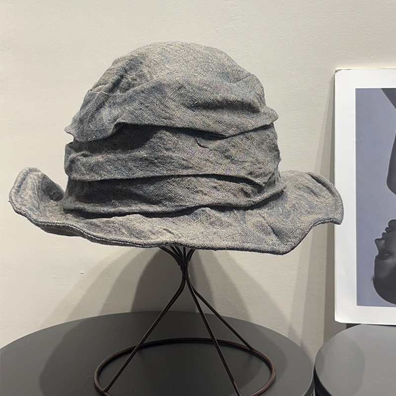 复古亚麻褶皱渔夫帽女春夏百搭高级感防晒透气遮阳山本风盆帽帽子